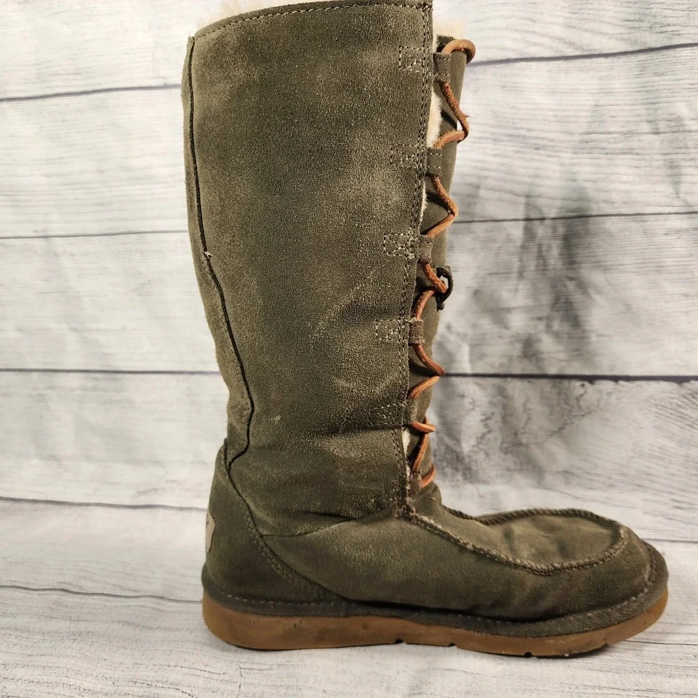 UGG Australia Whitley Womens 6 Tall Boots Olive Green Suede Shearling Trim